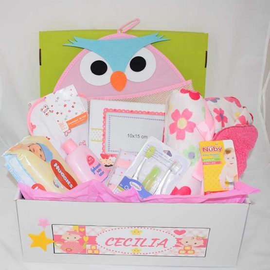 cesta canastilla regalo Buho rosa