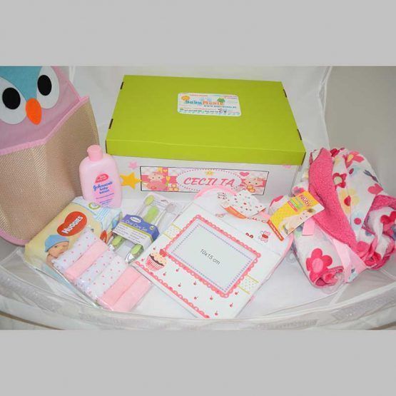 set canastilla regalo de buho rosa